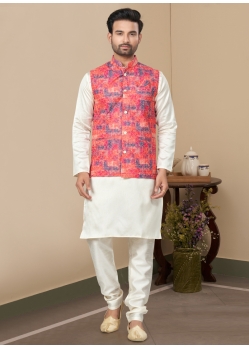 Mens White Silk Kurta Pajama With Digital Printed Heavy Cotton Peach Jacket