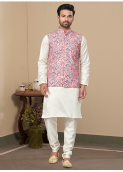 White Kurta Pajama With Heavy Cotton Multi Colour Jacket For Mens