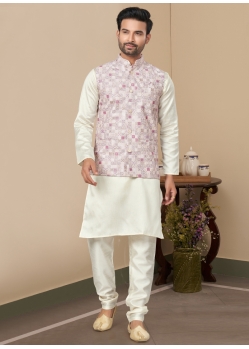 Mens Silk Kurta Pajama With Digital Printed Heavy Cotton Beige Jacket