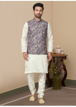 Mens White Kurta Pajama With Digital Printed Multi Colour Jacket