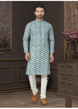 Green Heavy Cotton Digital Printed Kurta Pajama For Mens