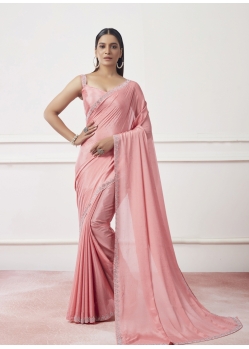 Party Wear Satin Georgette Saree In Peach