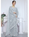 Embroidered And Stone Work Net Classic Sari In Grey For Ceremonial