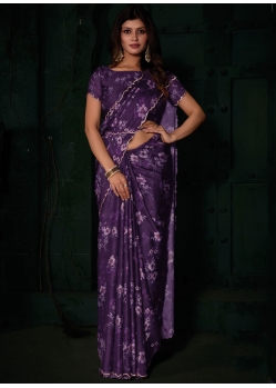 Purple Georgette Satin Classic Sari With Digital Print Work
