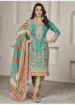 Sea Green Chinon Salwar Suit With Embroidered And Mirror Work