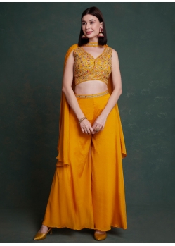 Mustard Chinon Trendy Suit With Embroidered And Sequins Work