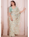 Sea Green Georgette Satin Digital Print And Zircon Work Contemporary Sari