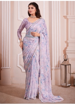 Purple Georgette Satin Digital Print And Zircon Work Classic Sari