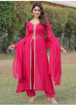 Hot Pink Faux Georgette Salwar Suit With Embroidered Work