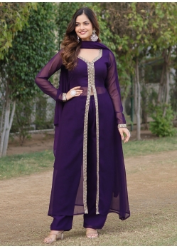 Embroidered Work Faux Georgette Salwar Suit In Purple