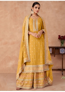 Mustard Chinon Embroidered And Sequins Work Salwar Suit For Engagement