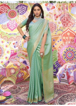 Sea Green Brocade Classic Sari With Hand And Mirror Work