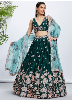 Green Georgette Embroidered Sequins And Thread Work Lehenga Choli For Engagement