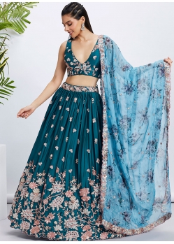 Embroidered Sequins And Thread Work Georgette A - Line Lehenga Choli In Teal