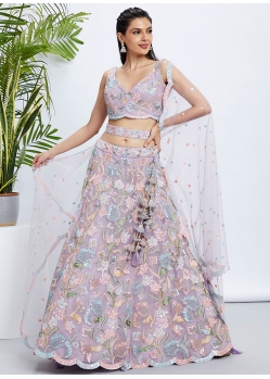 Topnotch Mauve Net Lehenga Choli With Cord Embroidered Sequins And Thread Work