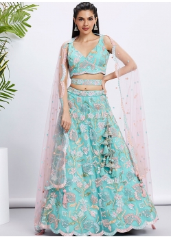 Turquoise Cord Embroidered Sequins And Thread Work Net A - Line Lehenga Choli