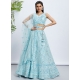 Turquoise Cord Embroidered Sequins And Thread Work Net A - Line Lehenga Choli