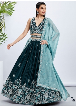 Teal Raw Silk Lehenga Choli With Cord Embroidered Sequins And Thread Work