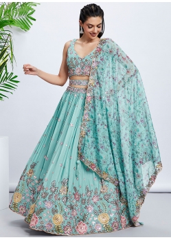 Turquoise Chiffon Cord Embroidered Sequins And Thread Work A - Line Lehenga Choli For Engagement