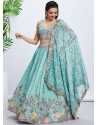 Turquoise Chiffon Cord Embroidered Sequins And Thread Work A - Line Lehenga Choli For Engagement