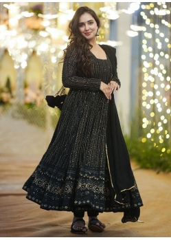 Black Faux Georgette Embroidered And Sequins Work Gown