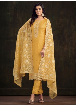 Embroidered And Swarovski Work Organza Salwar Suit In Yellow