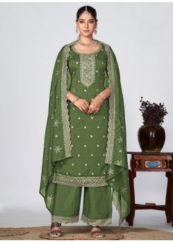 Green Vichitra Silk Embroidered Work Salwar Suit For Ceremonial