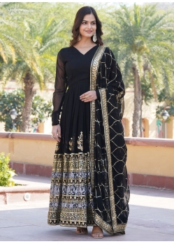 Embroidered And Sequins Work Faux Georgette Designer Gown In Black