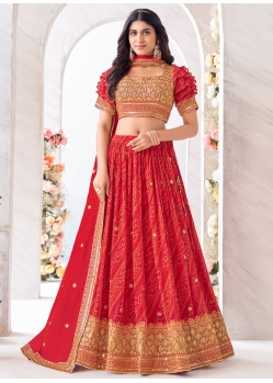 Red Georgette Digital Print Embroidered And Sequins Work Readymade Lehenga Choli