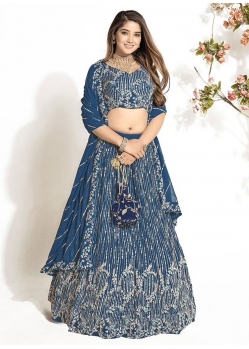 Blue Georgette Embroidered And Sequins Work Lehenga Choli For Ceremonial