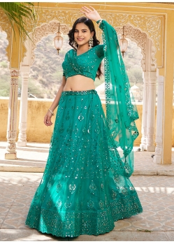 Rama Net Embroidered And Sequins Work Lehenga Choli For Ceremonial
