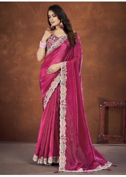 Pink Sequins Stone And Thread Work Banarasi Silk Contemporary Saree