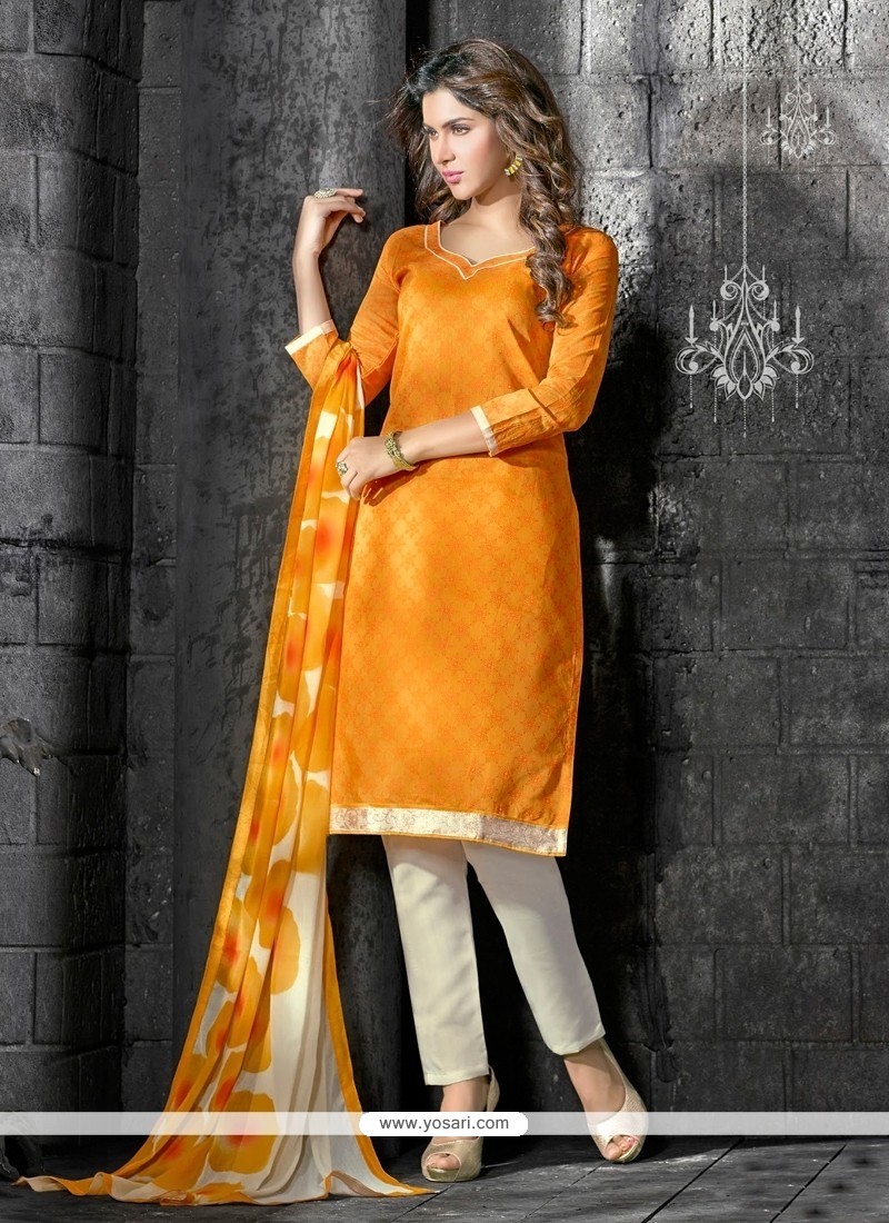 Pretty Lace Work Yellow And Orange Chanderi Cotton Churidar Salwar Kameez