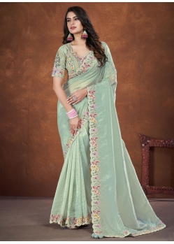 Sea Green Banarasi Silk Embroidered Sequins Stone And Thread Work Contemporary Sari