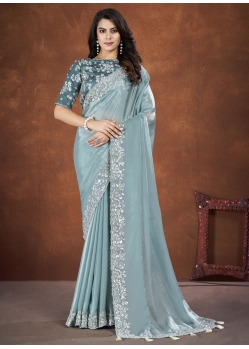 Cord Moti Sequins Stone And Thread Work Crepe Silk Trendy Saree In Turquoise