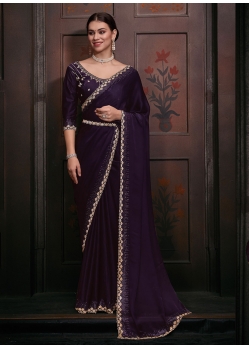 Purple Georgette Satin Hand And Zircon Work Classic Sari