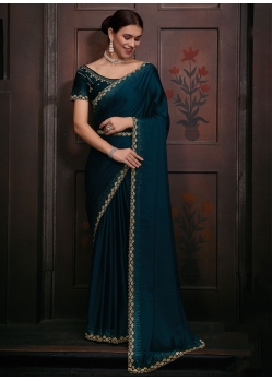 Turquoise Georgette Satin Designer Sari