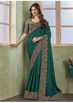 Rama Silk Patch Border Embroidered And Sequins Work Trendy Saree For Engagement