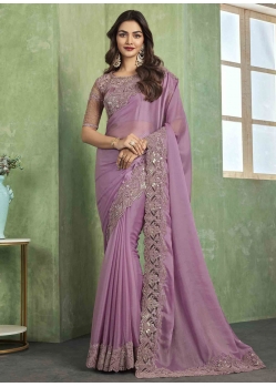 Patch Border Embroidered And Sequins Work Chiffon Classic Saree In Purple For Engagement