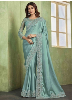 Aqua Blue Chiffon Patch Border Embroidered And Sequins Work Trendy Saree