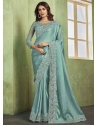 Aqua Blue Chiffon Patch Border Embroidered And Sequins Work Trendy Saree