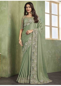 Satin Silk Contemporary Sari With Patch Border Embroidered And Sequins Work