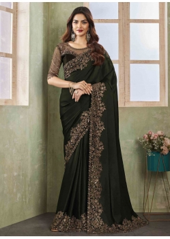 Patch Border Embroidered And Sequins Work Chiffon Classic Sari In Green For Engagement