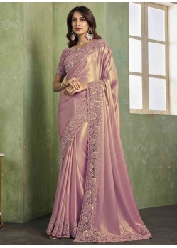 Pink Satin Patch Border Embroidered And Sequins Work Contemporary Sari