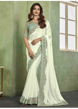 Off White Satin Silk Contemporary Sari With Patch Border Embroidered And Sequins Work