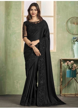 Black Satin Silk Classic Sari With Patch Border Embroidered And Sequins Work