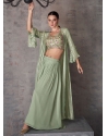 Green Georgette Embroidered Work Jacket Style Suit For Ceremonial