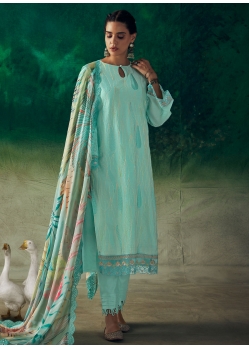 Embroidered And Resham Thread Work Muslin Salwar Suit In Aqua Blue