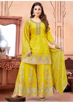 Yellow Silk Embroidered Mirror And Sequins Work Salwar Suit