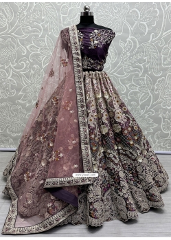 Heavy Worked Velvet Bridal Lehenga Choli In Purple